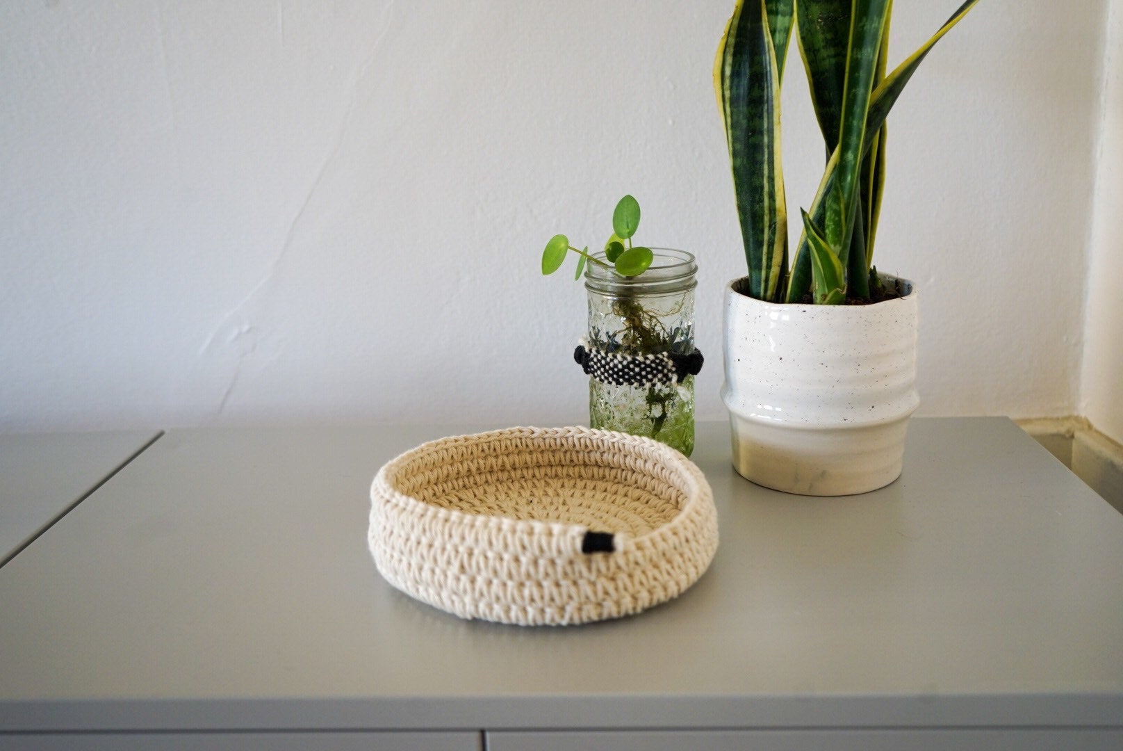 Crocheted Cotton Twine & Sash Catch-all Basket